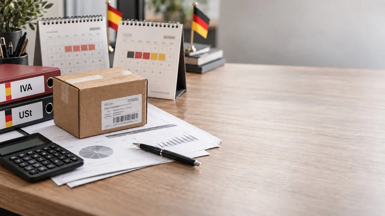 Documentos de IVA y USt con las banderas de España y Alemania, calendarios y un paquete de comercio electrónico.